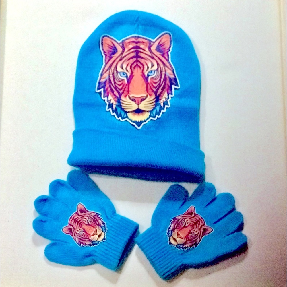 Blue tiger knit hat girls boys children hat glove set